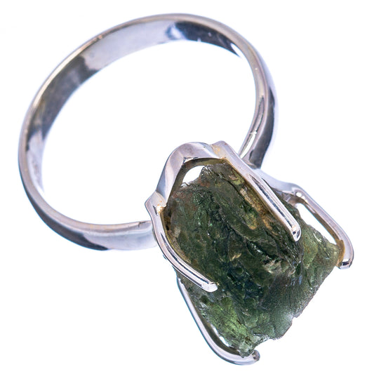 Sterling silver ring with rough dark green moldavite stone, open prong setting