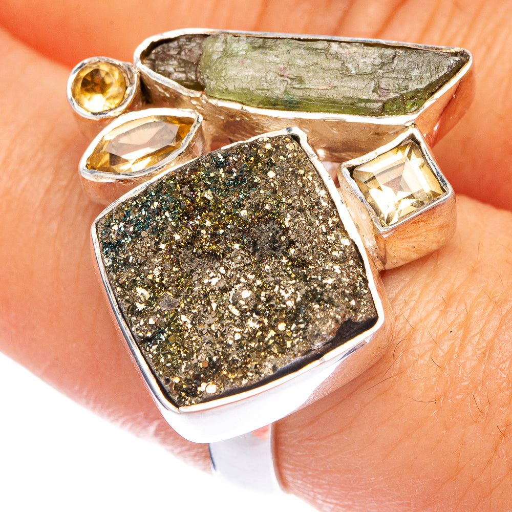 Large Spectro Pyrite Druzy, Green Tourmaline, Citrine Ring Size 8 (925 Sterling Silver) R145306