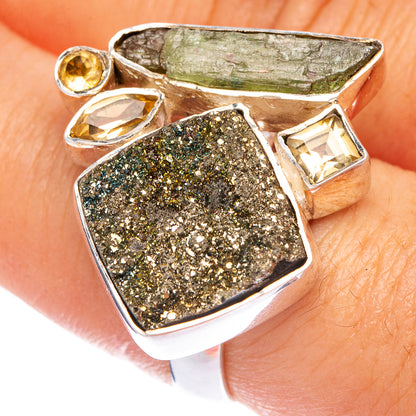 Large Spectro Pyrite Druzy, Green Tourmaline, Citrine Ring Size 8 (925 Sterling Silver) R145306
