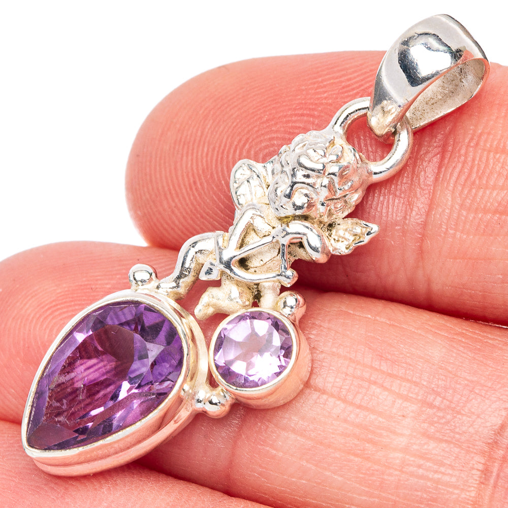 Sterling silver amethyst angel pendant with large faceted oval and two round amethysts