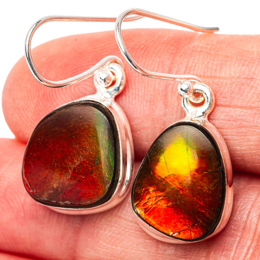 Heart-shaped ammolite drop earrings, .925 sterling silver hooks; rainbow stone panels