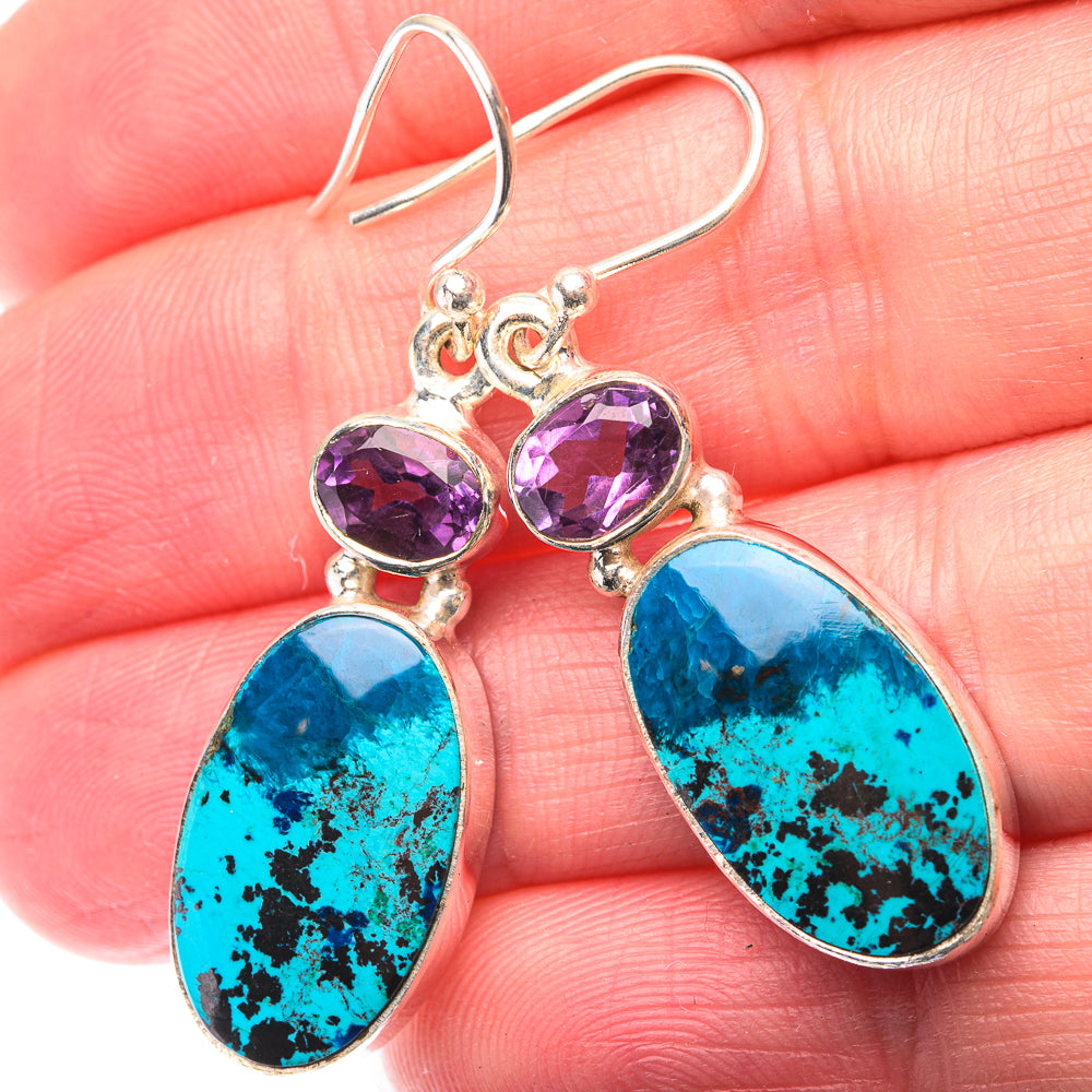 Amethyst and blue stone drop earrings in 925 sterling silver, teardrop pendants
