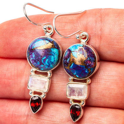 Premium Purple Copper Turquoise, Rainbow Moonstone, Garnet Earrings 1 3/4" (.925 Sterling Silver)
