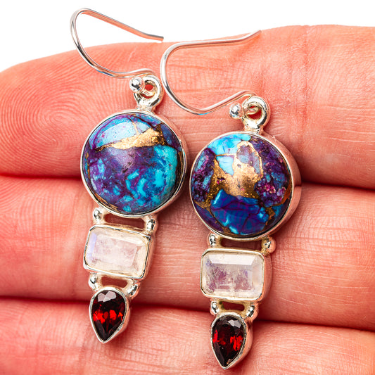 Sterling silver drop earrings: blue-purple round, square white, red teardrop accents