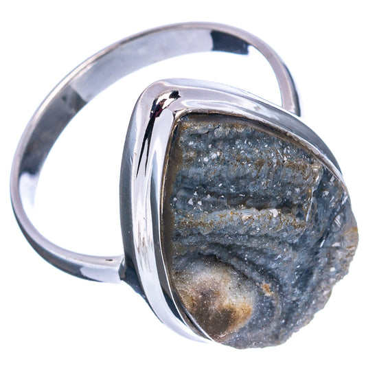 Sterling silver drusy ring with blue-gray teardrop druzy stone and polished bezel