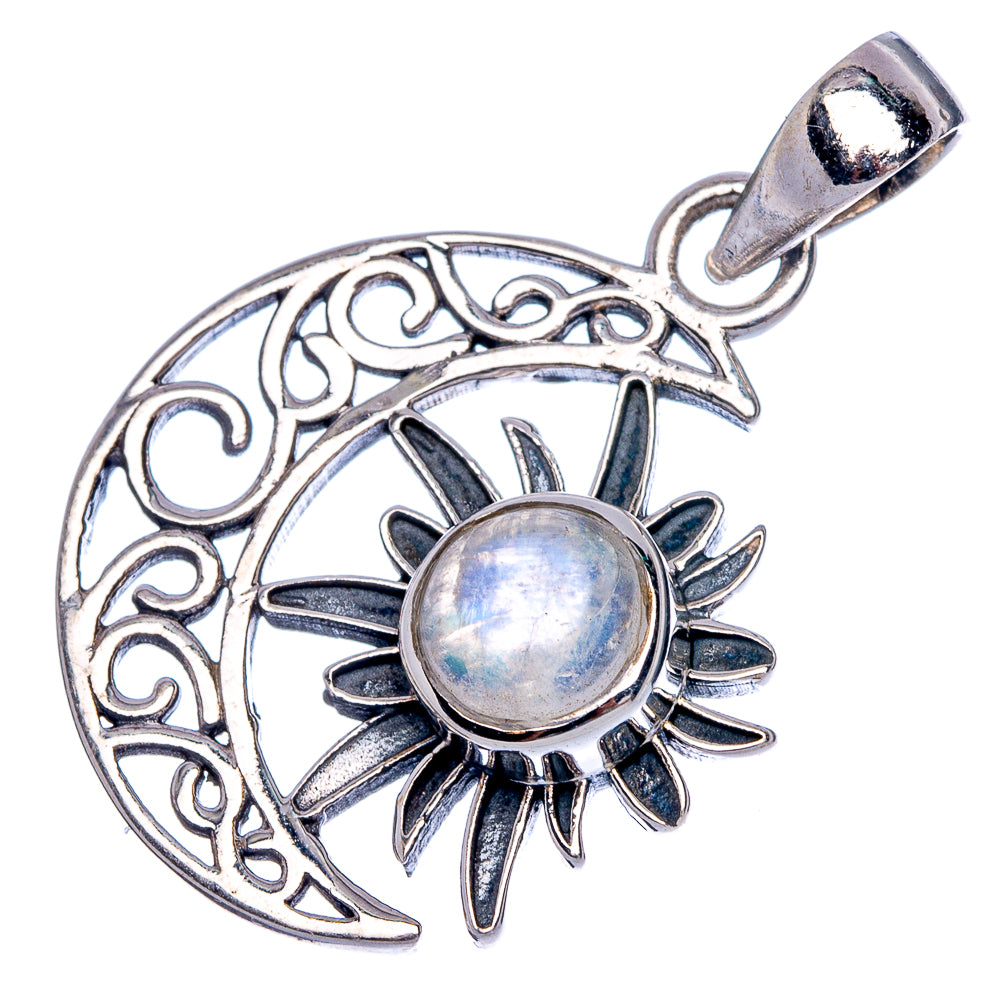Silver moon star pendant with round iridescent stone center, ornate filigree and bail