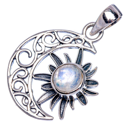 Silver moon star pendant with round iridescent stone center, ornate filigree and bail