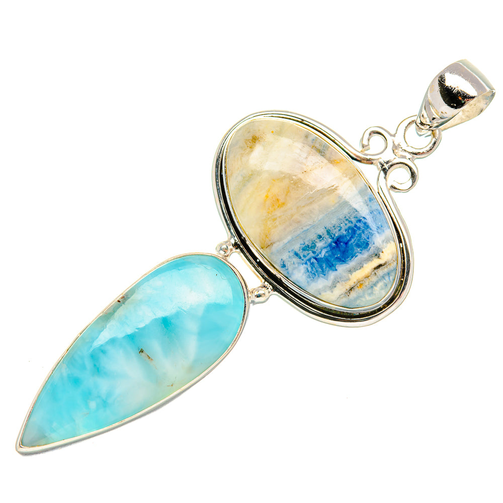 Sterling silver dangling pendant with blue scheelite oval and larimar teardrop