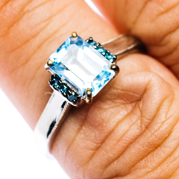 Blue Topaz, Blue Diamond Ring Size 7.5 (.925 Sterling Silver)