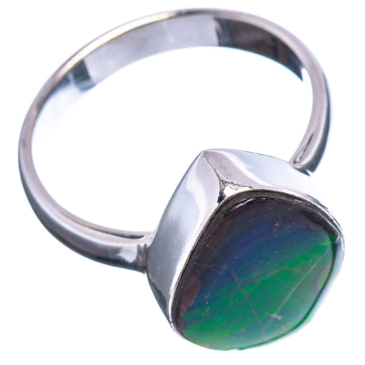 Size 9 sterling silver ring with green iridescent ammolite cabochon bezel