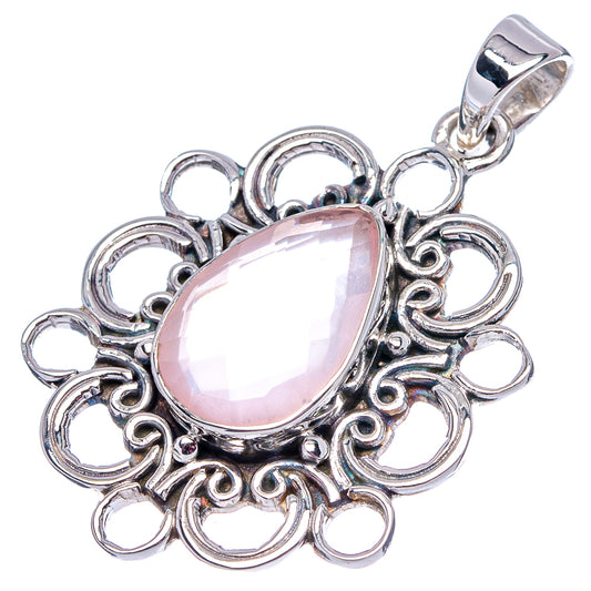 Pear-shaped rose quartz pendant in 925 sterling silver, openwork filigree with round loops