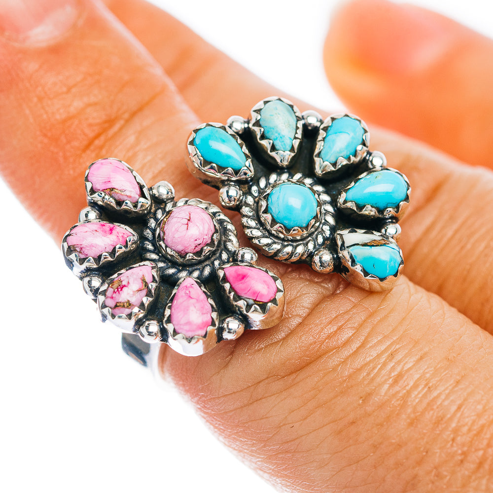Exclusive Southwestern Style Cotton Candy Turquoise, White Buffalo Turquoise Ring Size 6 Adjustable (.925 Sterling Silver)