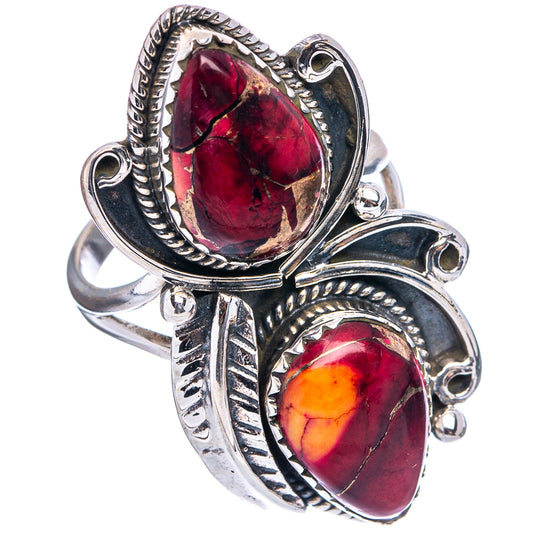 Sterling silver statement ring with marquise and oval red gemstone centers, engraved sides