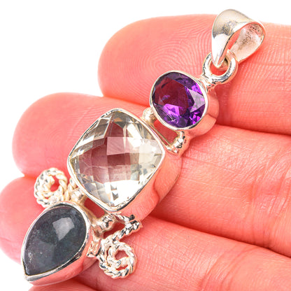 Faceted Green Amethyst, Blue Fluorite, Amethyst Pendant 1 7/8" (925 Sterling Silver) PD38594