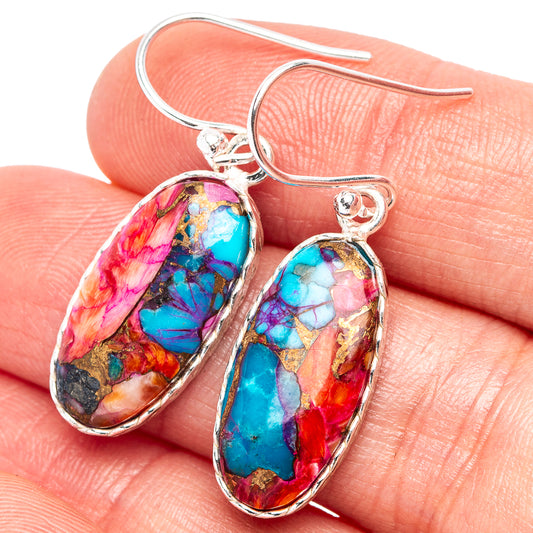 Sterling silver dangle earrings with multicolor oval cabochon stones, turquoise blue and pink
