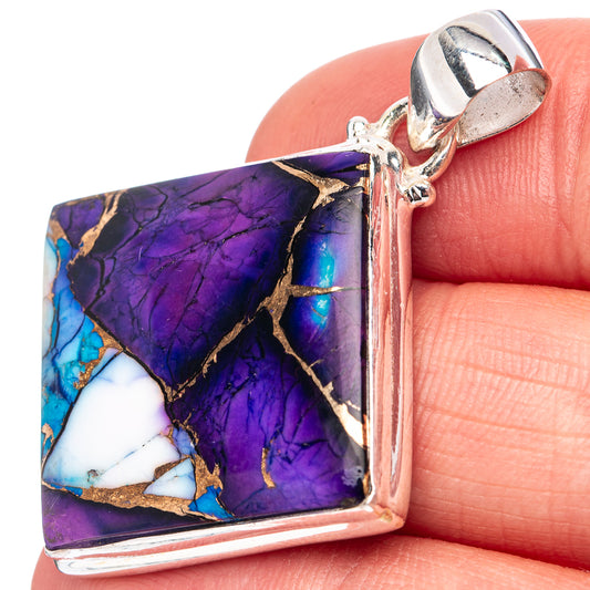 Turquoise and purple stone pendant in rectangular .925 sterling silver frame, bail top