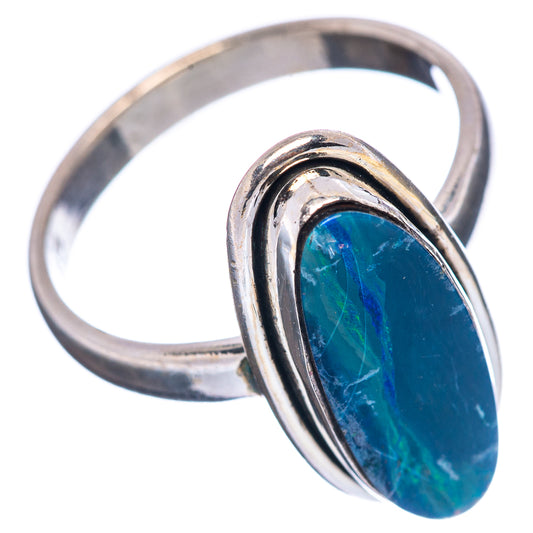 Sterling silver doublet opal ring, oval blue stone bezel with curved band