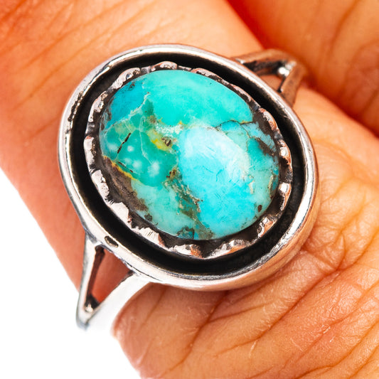 Turquoise cabochon sterling silver ring, oval stone in dark bezel