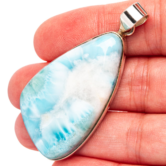 Teardrop larimar pendant close-up, .925 sterling silver setting with bail