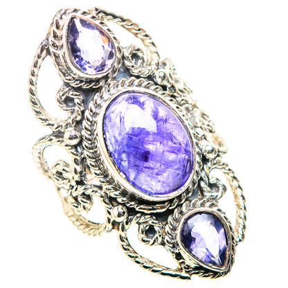 Sterling silver tanzanite ring, size 7, oval purple center stone with side teardrop stones