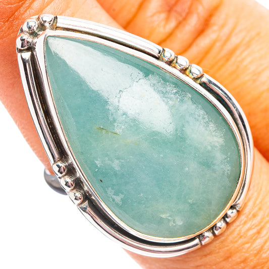 Aquamarine teardrop ring in .925 sterling silver with bead-set accents