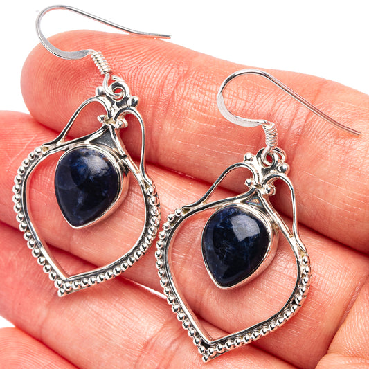 Sterling silver sodalite heart drop earrings with ornate beaded frame