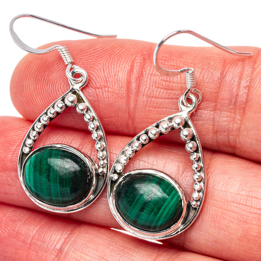 Sterling silver teardrop malachite earrings with beaded border and hook backs