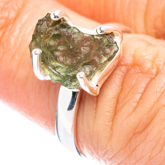 Sterling silver moldavite ring with rough green stone, open band detail