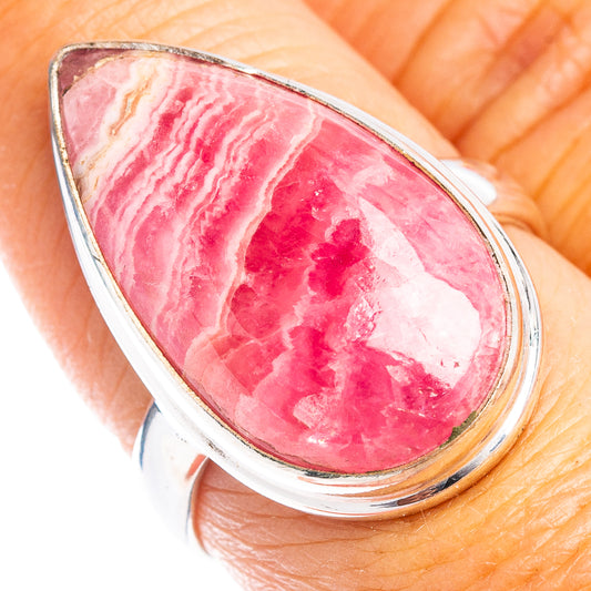 Teardrop rhodochrosite ring in .925 sterling silver, pink stone cabochon