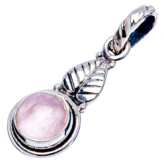 Sterling silver rose quartz pendant, round pink stone in ornate double-ring setting