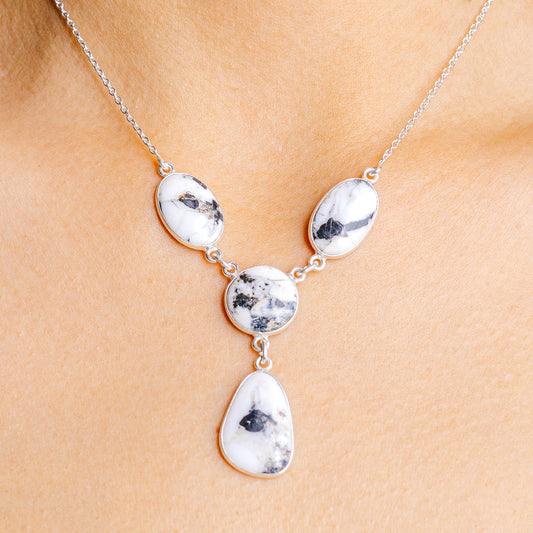 Sterling silver chain necklace with white buffalo-style turquoise oval pendants