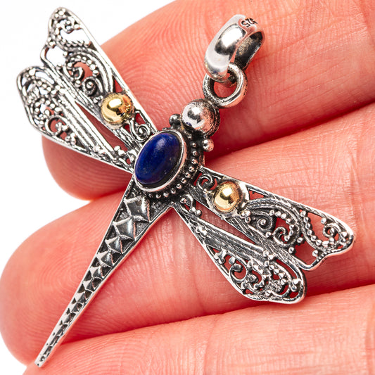 Lapis lazuli dragonfly pendant in .925 sterling silver with blue oval stone and filigree