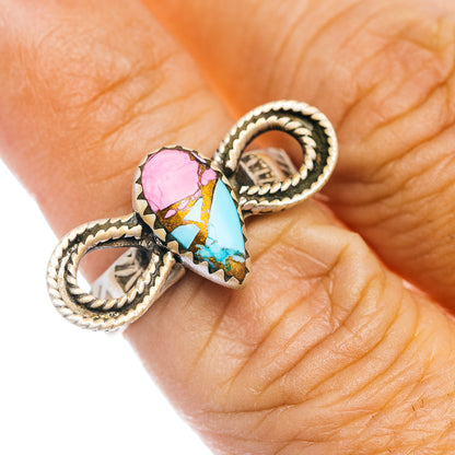 Turquoise and pink gemstone adjustable ring, .925 sterling silver, size 6