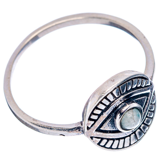 Sterling silver open-band ring with raised eye design and round light-green amazonite
