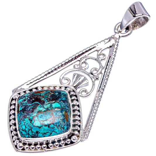 Sterling silver chrysocolla pendant with turquoise square stone, filigree sides and bail