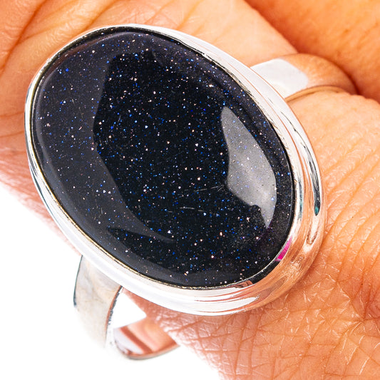Size 11 oval blue goldstone ring in .925 sterling silver, high-shine bezel