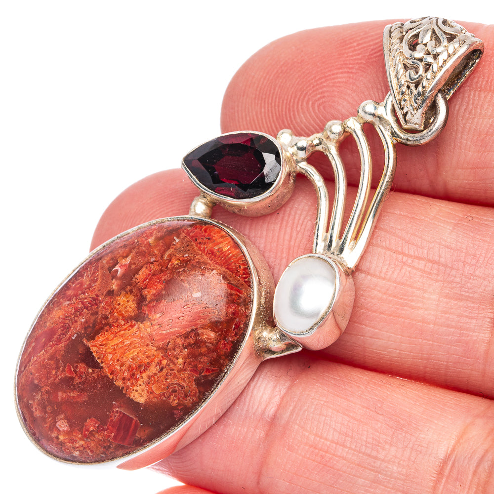 Sponge Coral, Garnet, Cultured Pearl Pendant 2 1/8" (925 Sterling Silver) P40055