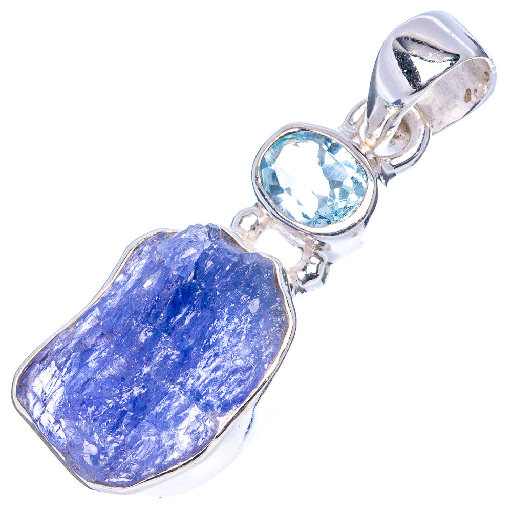 Sterling silver pendant with raw deep-blue tanzanite and oval blue topaz setting