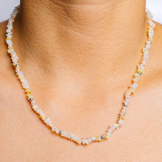 Opal beaded necklace with .925 sterling silver chain, iridescent stones