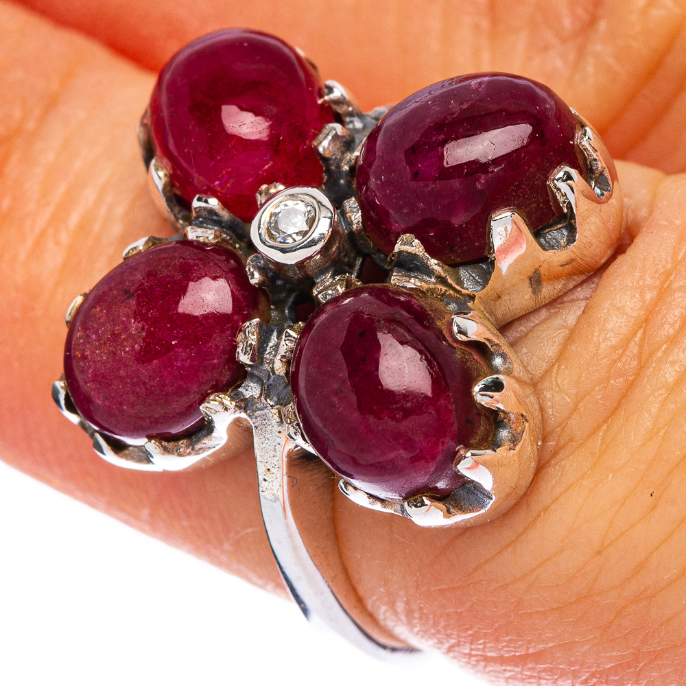 925 sterling silver ring with five round pink tourmaline cabochons and clear center stone