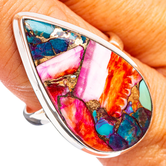 Sterling silver pear-shaped gemstone ring, multicolor mosaic inlay