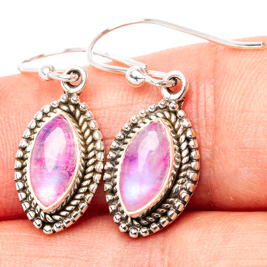Oval pink moonstone drop earrings, .925 sterling silver, beaded halo settings