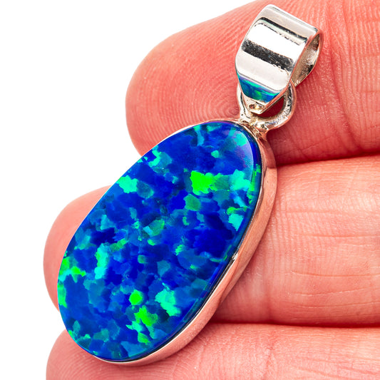 925 sterling silver blue lab opal teardrop pendant with green-blue color flashes
