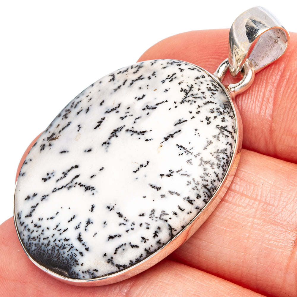 Oval dendritic opal pendant in 925 sterling silver, white with black veining