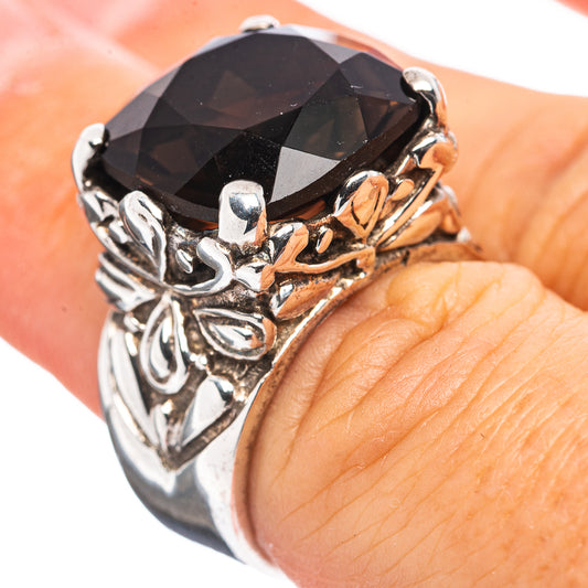 Dark faceted smoky quartz ring, ornate .925 sterling silver band, size 6.5