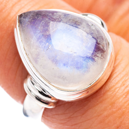 Teardrop moonstone ring in polished .925 sterling silver with faceted blue-white stone
