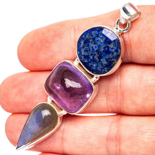 Sterling silver pendant with lapis circle, amethyst square, labradorite oval
