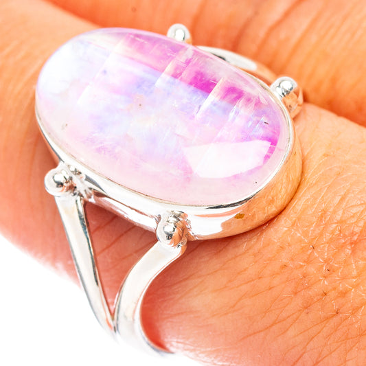 Pink moonstone oval ring with .925 sterling silver setting and scalloped details