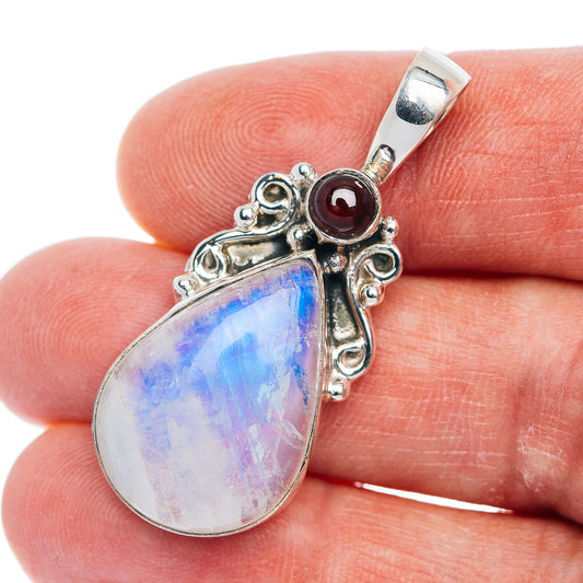 Premium Rainbow Moonstone, Garnet Pendant 1 5/8" (.925 Sterling Silver)