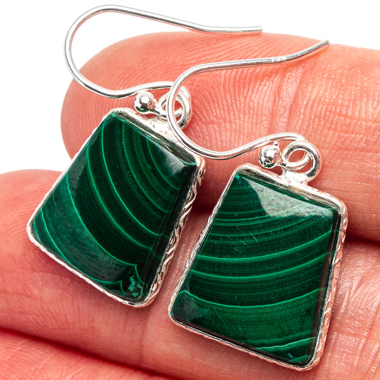Square malachite drop earrings in .925 sterling silver, green stone in silver frame